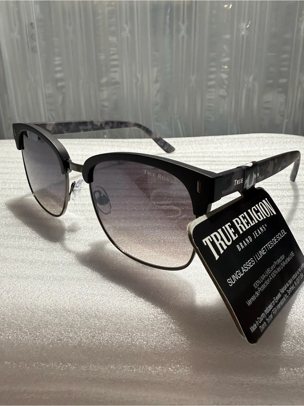 NWT True Religion SR0925 Black Clubmaster Sunglasses Logo Temple Shades-Unisex